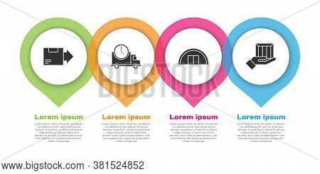 Set Carton Cardboard Box, Logistics Delivery Truck And Clock, Warehouse And Delivery Hand With Boxes