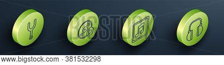 Set Isometric Musical Tuning Fork, Vinyl Disk, Music Note, Tone And Headphones Icon. Vector