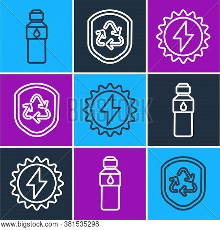 Set Line Bottle Of Water, Solar Energy Panel And Recycle Symbol Inside Shield Icon. Vector