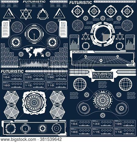 Set Black And White Hud Interface Elements, Lines, Circles, Pointers, Frames For Web Applications, D