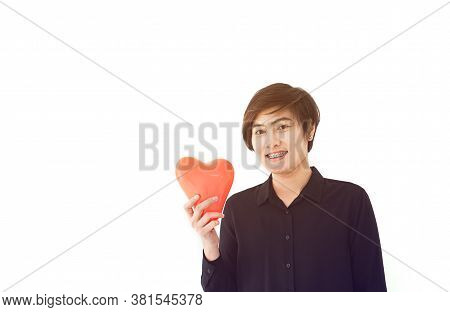 Asian Sporty Woman Short Hair Holding Red Heart Abstract  Love Balloon White Copy Space