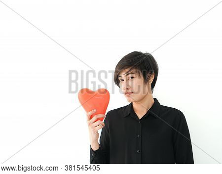 Asian Sporty Woman Short Hair Holding Red Heart Abstract  Love Balloon White Copy Space