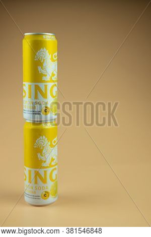 Samut Prakan, Thailand - August 19, 2020 : Canned Of Singha Lemon Soda No Sugar The New Products Fro