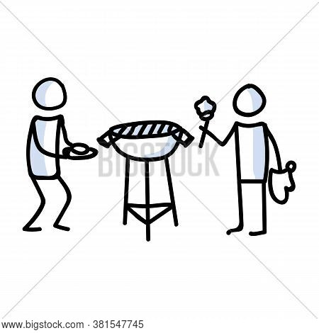 Hand Drawn Stickman Camping Cookout Bbq Concept. Simple Outdoor Vacation Doodle Icon For Staycation,