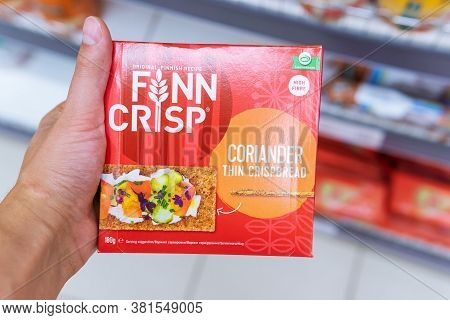 Tyumen, Russia-august 01, 2020: Finn Crisp Thin Sourdough Rye Bread Whith Koriander, Made By Vaasan 