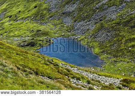 Mountain Lake From Volovec Peak, Western Tatras, Slovak Republic. Hiking Theme. Seasonal Natural Sce