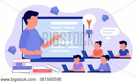 Learn From Distance With Man Teacher, Online Education. Kids Boy And Girl Is Sitting On Laptop And S