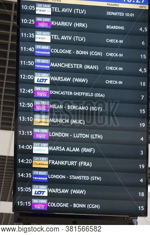 Katowice, Poland, January 25, 2020: Departures Information Board, Katowice Airport, Pyrzowice, Place