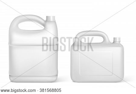 Plastic Canisters, White Jerrycan Bottles Of Different Shapes And Volumes. Isolated Detergent, Engin