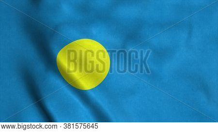 Palau National Flag Waving In The Wind With High Quality Texture. 3d Rendering