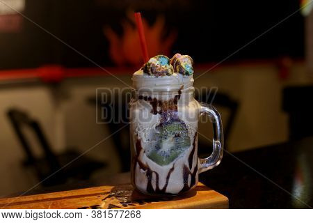 Salvador, Bahia / Brazil - April 21, 2017: Chocolate With Bales. The Drink Consists Of Cream Ice Cre