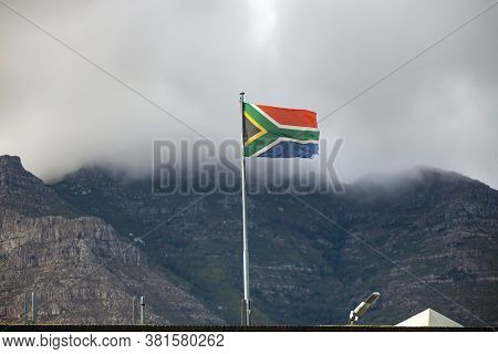 View Of The National Flag Of The Republic Of South Africa On The Background Of Table Mountain In Cap
