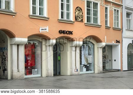 Graz, Austria. August 2020. The External View Of  The Geox  Brand Shop Windows In The City Center