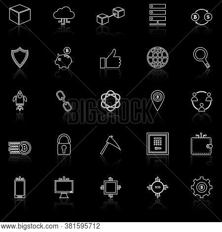 Blockchain Line Icons With Reflect On Black Background, Stock Vector