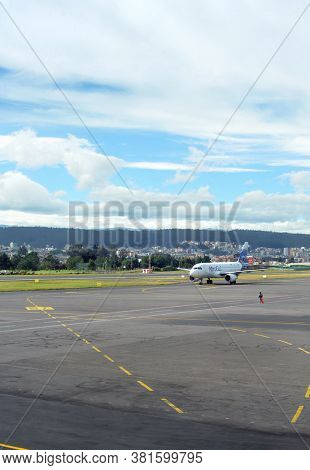 Quito, Ecuador June 2, 2017: AeroGal Airbus A320 airplane at Quito airport UIO in Ecuador. 