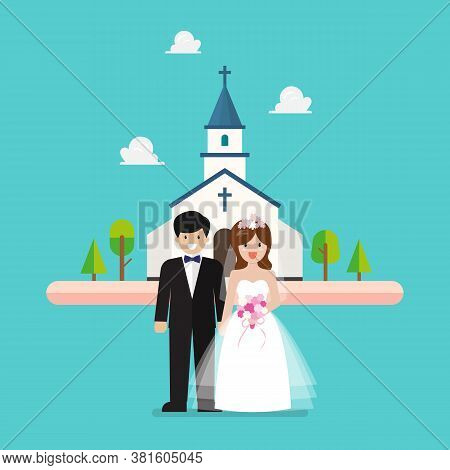 Wedding Ceremony At Church. Wedding Couple Are Standing In Front Of Church. Vector Illustration