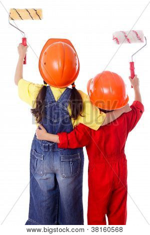 Coveralls boya silindirleri ile iki çocuk