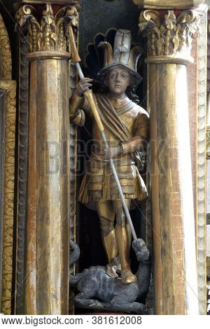 LOBOR, CROATIA - AUGUST 25, 2012: Saint George statue on the high altar at Our Lady of the Mountain Church in Lobor, Croatia