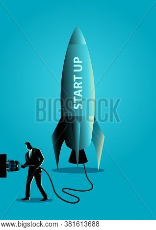 Business Concept Vector Illustration Of A Businessman Plugging In A Start Up Rocket