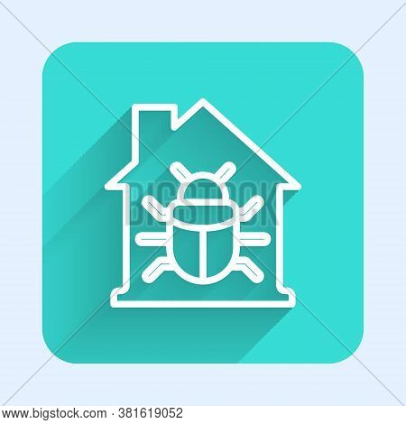 White Line House System Bug Concept Icon Isolated With Long Shadow. Code Bug Concept. Bug In The Sys