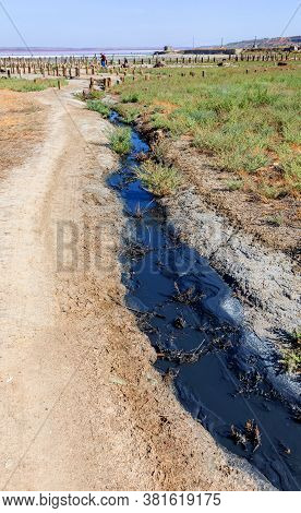Spilled Streams Of Liquid Crude Oil Flow Down Drainage Ditch Into Public Body Of Water. Environmenta