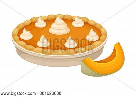 Baked Pumpkin Pie With Whipped Cream On Top As Thanksgiving Day Attribute Vector Illustration