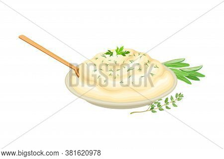 Mashed Potato In Bowl Garnished With Herbs As Thanksgiving Day Attribute Vector Illustration