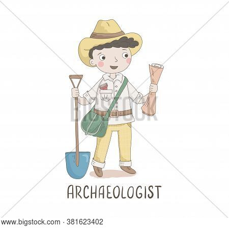 Cartoon Illustration Of A Archaeologist . Kids Workers. Child Professional. Cute Vector Alphabet. Le
