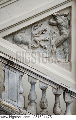 Castle Of Govone In Piedmont, Italy. Detail Of The Facade