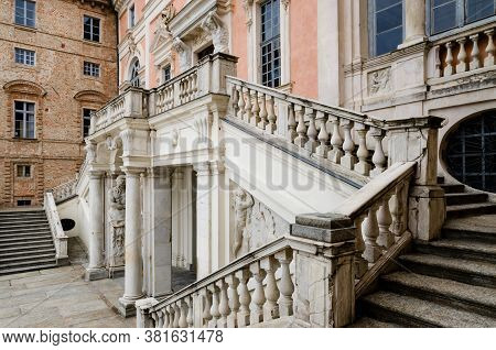 Castle Of Govone In Piedmont, Italy. Detail Of The Facade