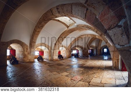 Lisbon, Portugal - February 3, 2019: Main Artillery Battery In The Tower Of Belem, Ancient Bastion I