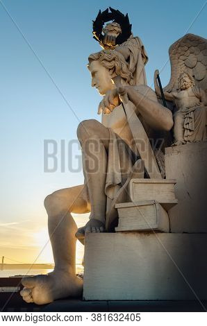 Detail Of The Arco Da Rua Augusta, Triumphal Arch In Praca Do Comercio, Main Square Of Lisbon, Portu