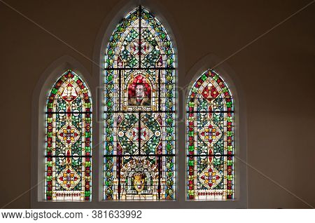 Luderitz, Namibia - June 14, 2011: A Stained Glass Window In The Lutheran Church In Luderitz