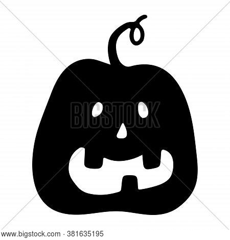 Halloween Pumpkin Black Silhouette With Cut Face Smile. All Saints Eve Symbol. Hand Drawn Doodle Cli