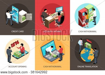 Isometric Bank Design Concept 3x2 Set Of Square Compositions With Conceptual Banking Operations Icon