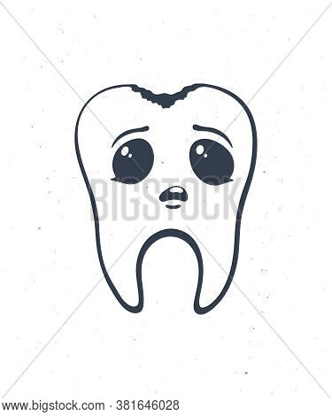 Cute Unhealthy Human Tooth With Sad Eyes And Caries. Outline. Vector Illustration. Dental Decay. Sym