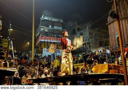 Varanasi, India - Dec 25, 2019: Ganga Aarti On The Dashashwamedh Ghat At Varanasi Uttar Pradesh Indi