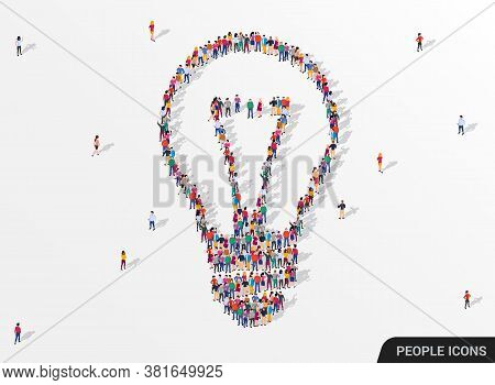 Large Group Of People Seen From Above Gathered Together In The Shape Of Lightbulb. Idea And Inspirat