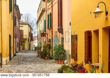 Old street in San Giovanni in Marignano, Emilia-Romagna, Italy. Italian cityscape
