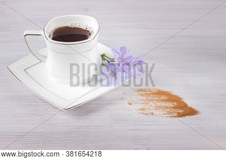 White Cup Of Chicory Drink Or Coffee With Chicory Flowers And Chicory Powder On A White Table. Healt
