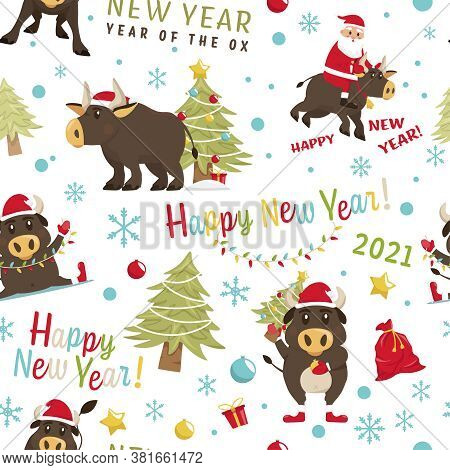 Santa Bull Seamless Pattern In A Simple Flat Cartoon Style. Chinese New Year. Funny Ox Character. Tr