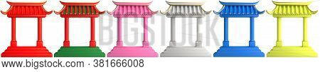 Set Collection Of Various Red Green Pink Yellow Blue White Traditional Chinese Gate Isolated On Whit