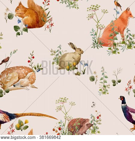 Beautiful Vector Seamless Floral Pattern With Watercolor Forest Plants And Animals. Stock Illustrati