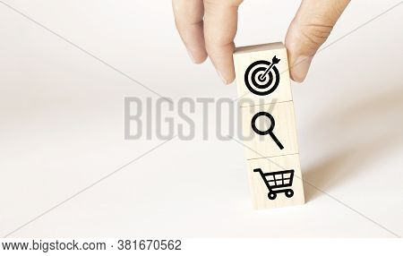 Businessman Hand Arranging Wood Block With Icon Business Strategy And Action Plan.