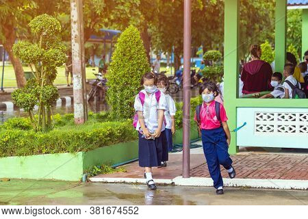 Kanchanaburi,thailand-july 2,2020:thai Students Wear Various Medical Masks To Prevent Themselves Fro