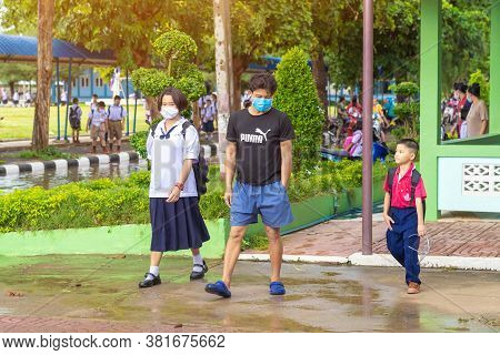 Kanchanaburi,thailand-july 2,2020:thai Students Wear Various Medical Masks To Prevent Themselves Fro