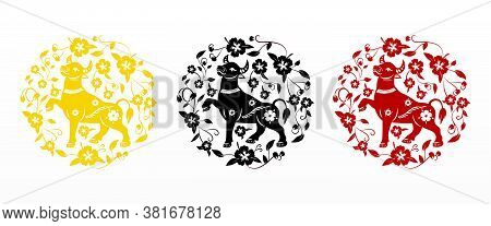 Chinese New Year 2021 Year Of The Ox , Red And Gold Paper Cut Ox Character,flower And Asian Elements