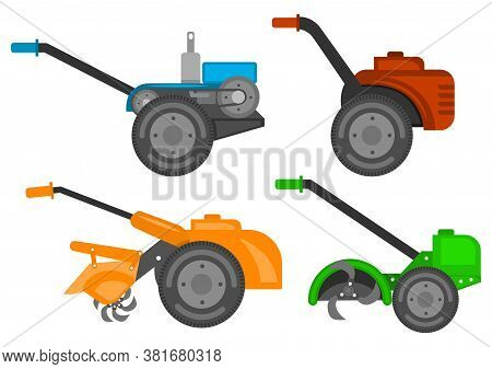 Hand Walk-behind Tractor Flat Web Icon Set. Harvesting Machines. Two-wheeled Tractor Vector Signs Is
