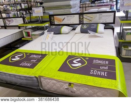 Kyiv, Ukraine - August 16, 2020: The Many Mattresses Songer Und Sohne On Display In Store Epicentre 