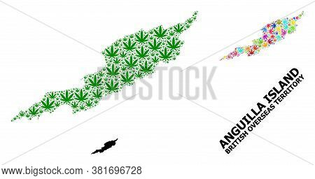 Vector Hemp Mosaic And Solid Map Of Anguilla Island. Map Of Anguilla Island Vector Mosaic For Hemp L